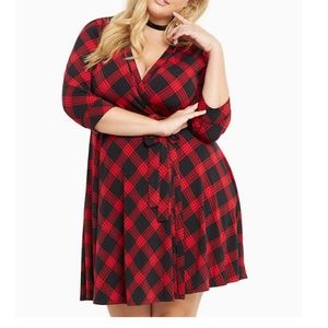 Torrid Red Black Plaid Print Wrap Dress 2X